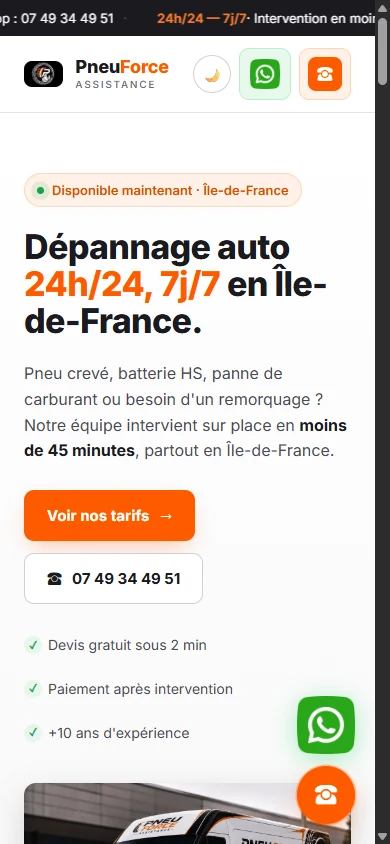 Site de services PneuForce sur mobile