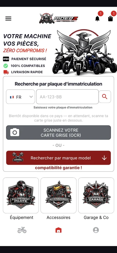 Accueil de l’application RIDERZ, mode clair