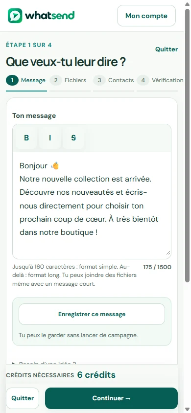 Whatsend connecté, données de démonstration sur mobile