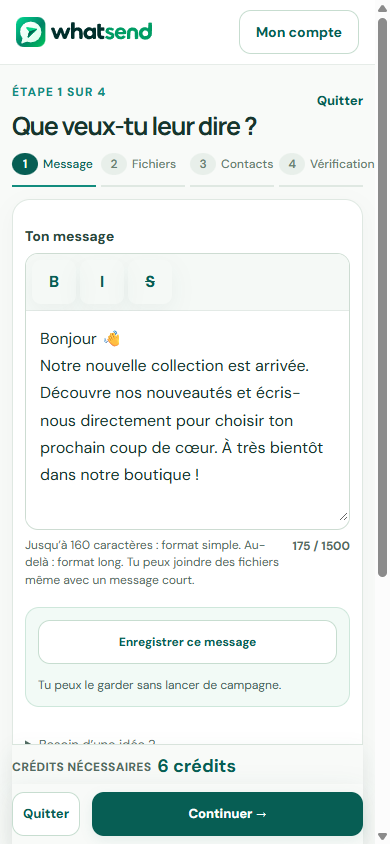 Whatsend connecté — préparation sur mobile