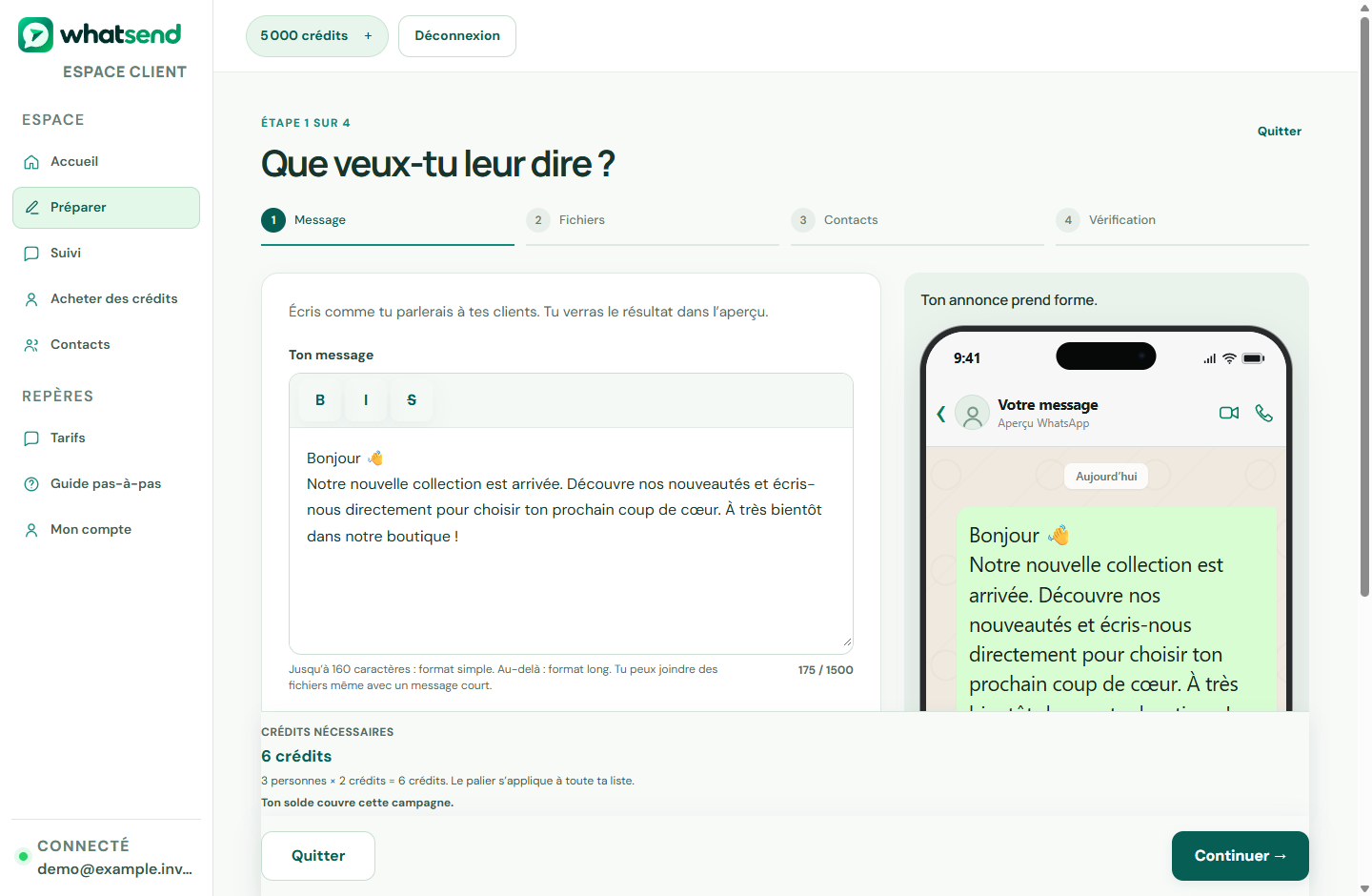 Détail de l’éditeur de message Whatsend